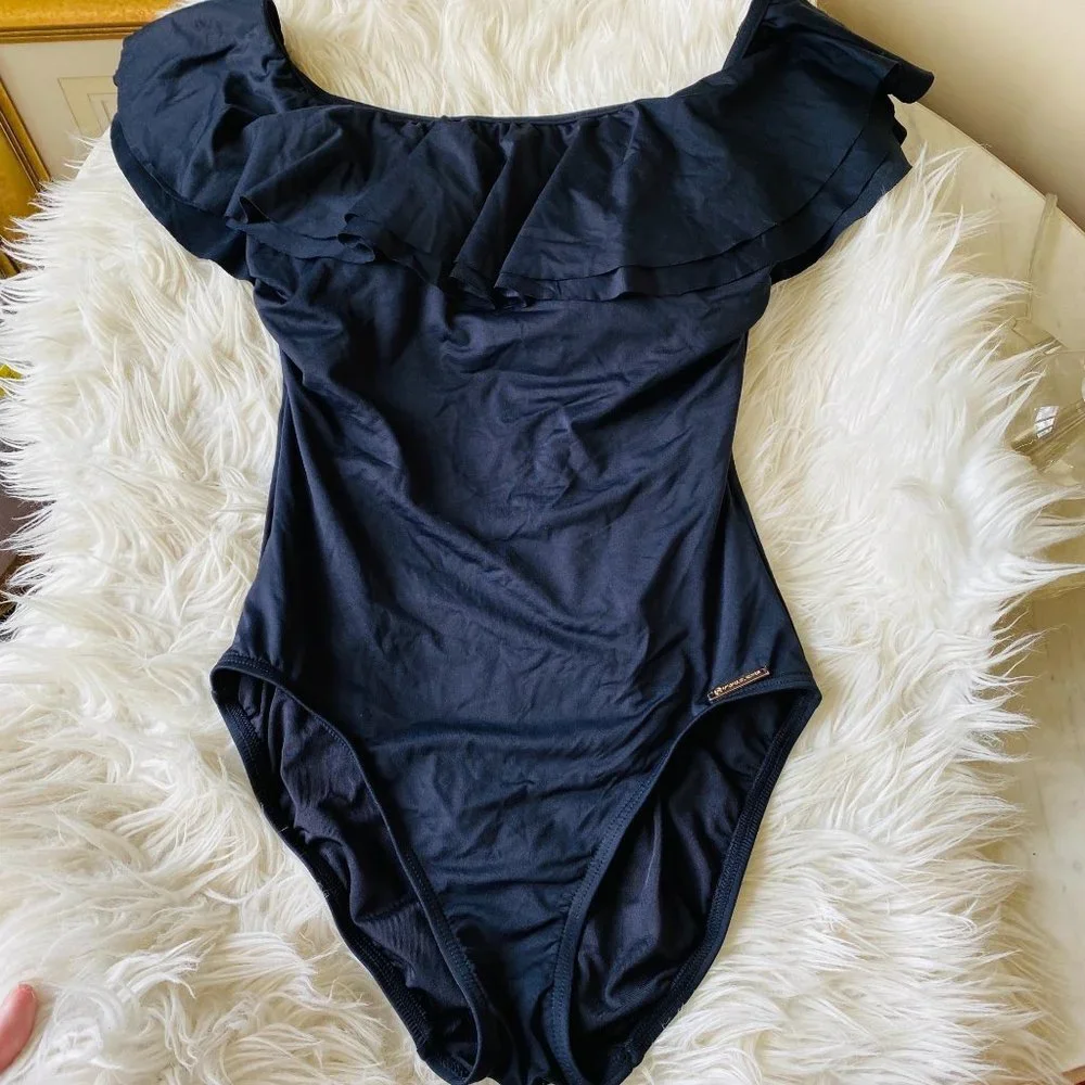 Michael Kors Black Ruffle One Piece Swimsuit‎